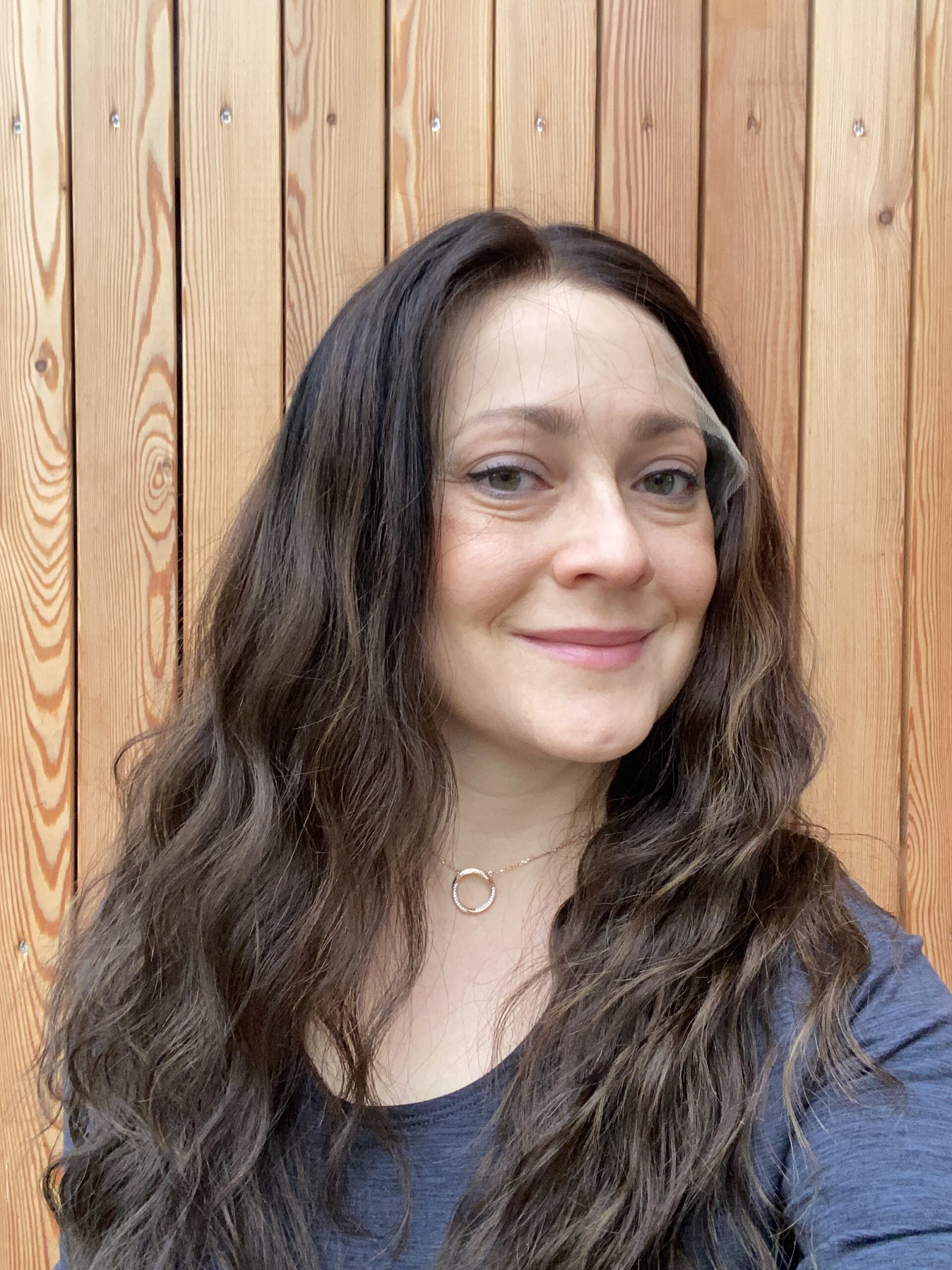 wavy dark brown wig with lighter brown balayage