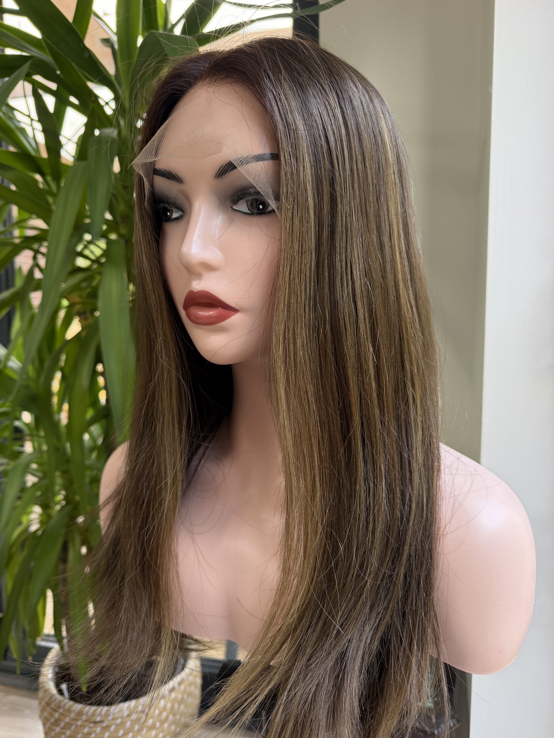 medium brown wig with subtle hghlights