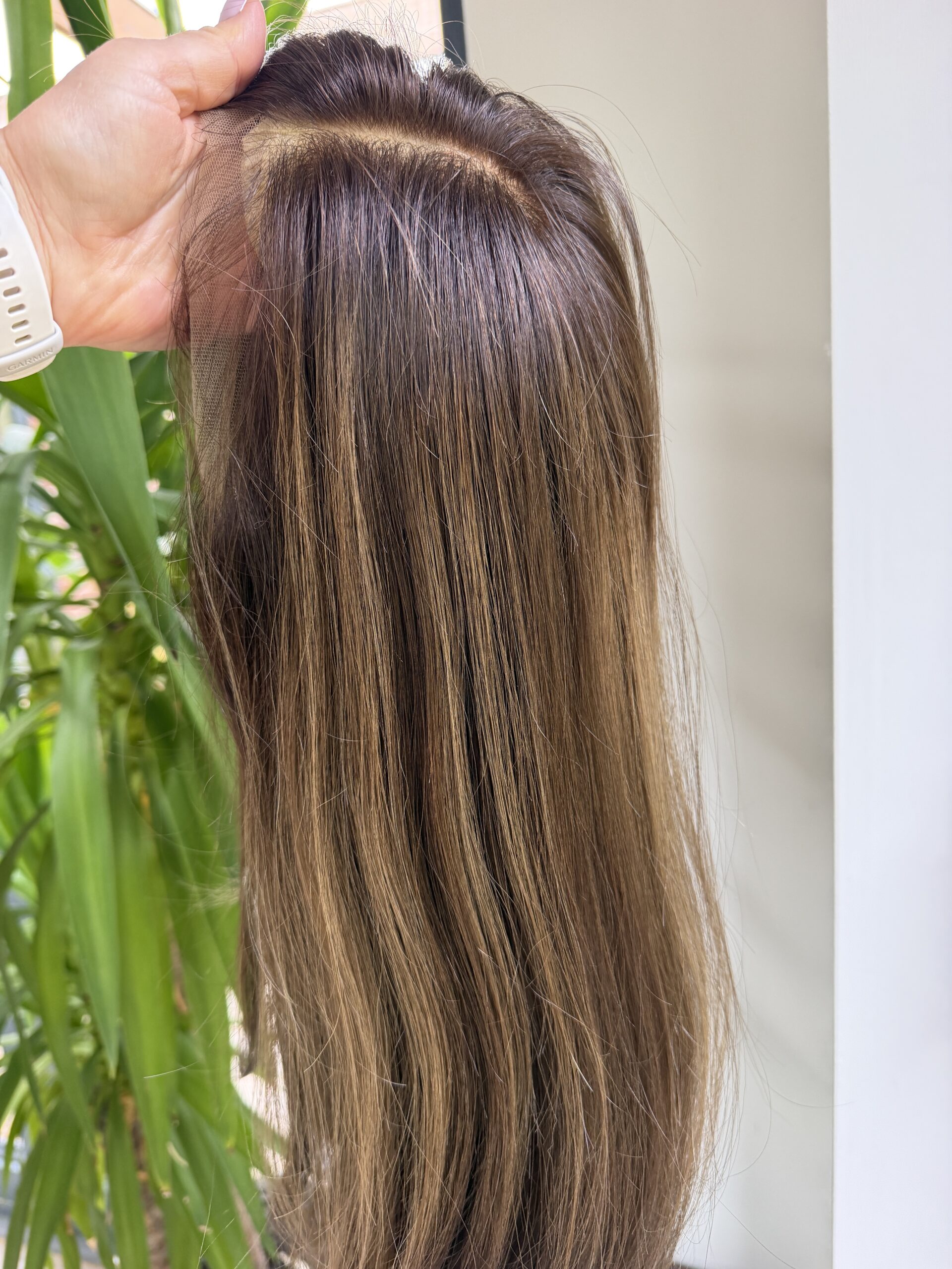 medium brown wig with subtle hghlights
